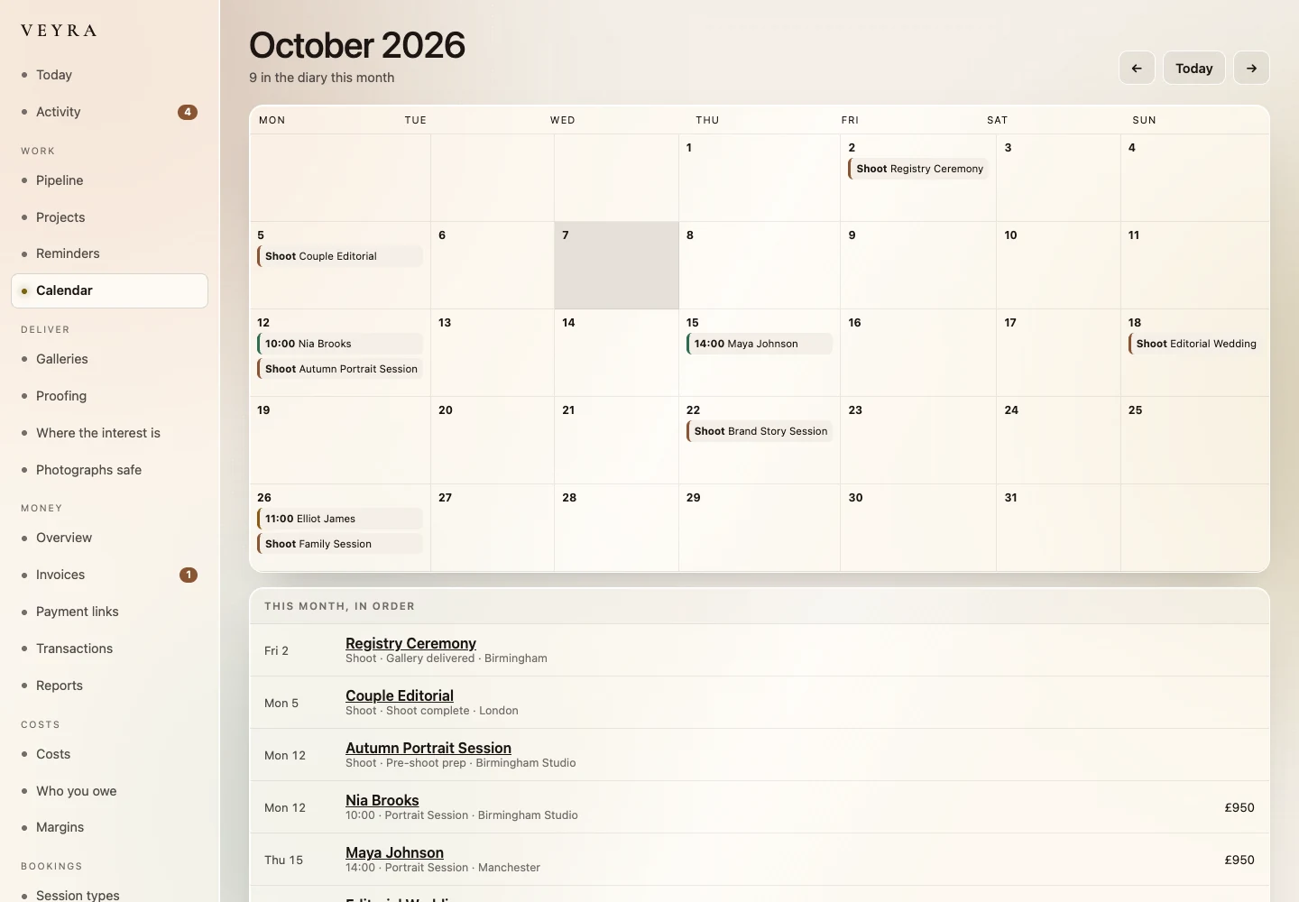 Actual Veyra calendar on desktop