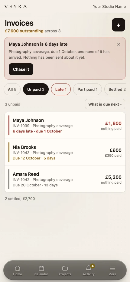 Actual Veyra invoices screen on mobile